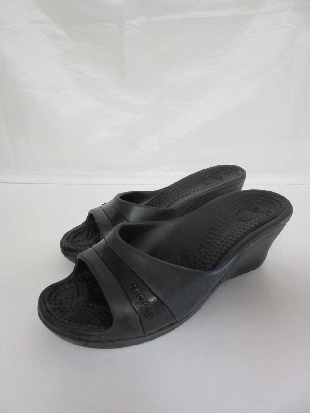 CROCS Women's Black Kadee 9 Wedge Open Toe Mules Slides Sandals